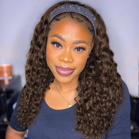 Chocolate Brown Deep Wave Headband Wig Human Hair #4 Colored Curly Headband Wigs for Black Women Human Hair Glueless None Lace Front Wigs Brazilian Virgin Hair Wig Machine Made 150% Density 20 Inch