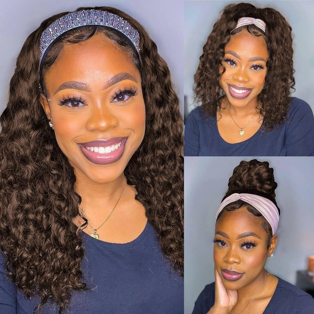 Chocolate Brown Deep Wave Headband Wig Human Hair #4 Colored Curly Headband Wigs for Black Women Human Hair Glueless None Lace Front Wigs Brazilian Virgin Hair Wig Machine Made 150% Density 20 Inch