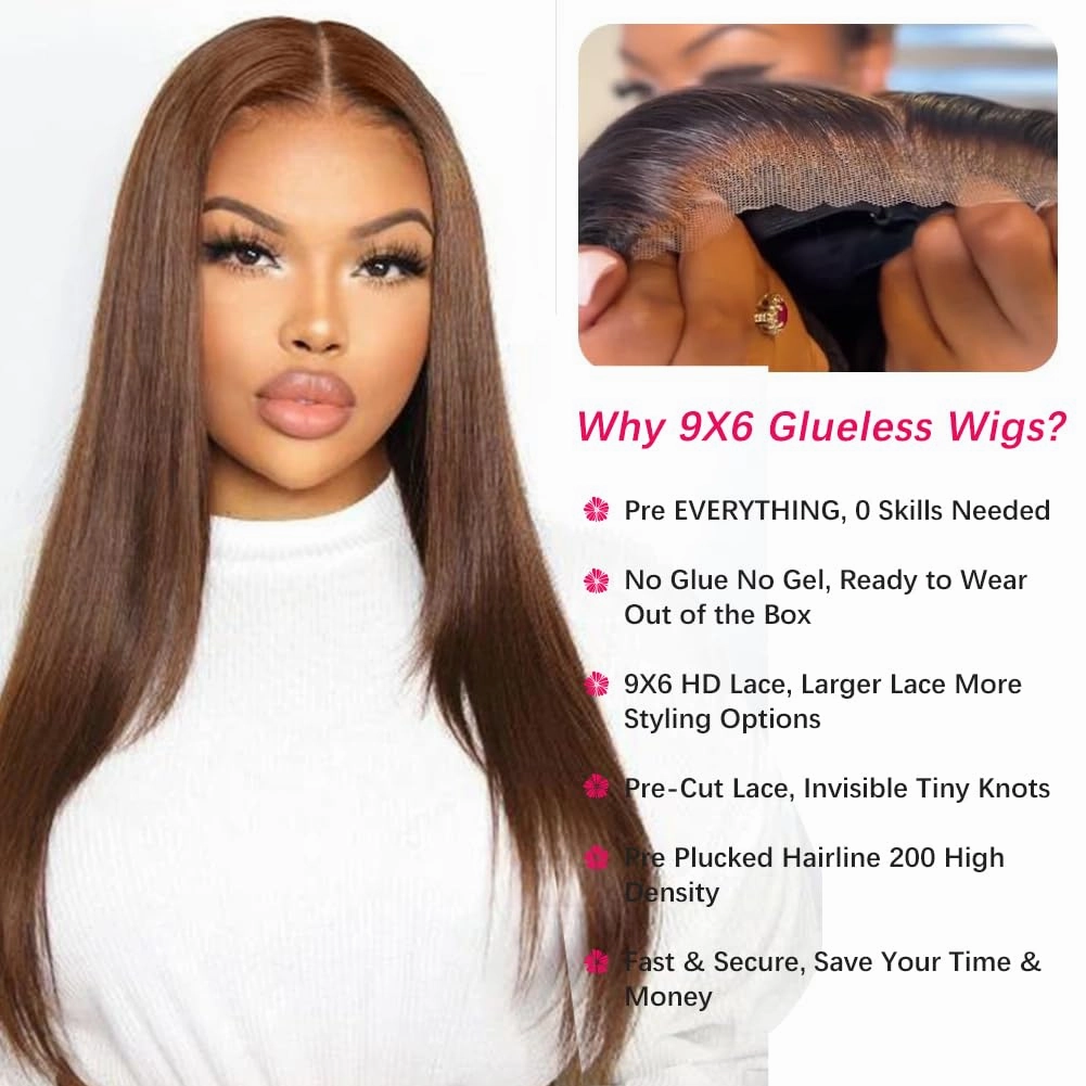 Chocolate Brown Glueless Wig Human Hair Pre Plucked Pre Cut 9x6 Wear and Go Lace Front Wig 200% Density Long Brown 22 Inch