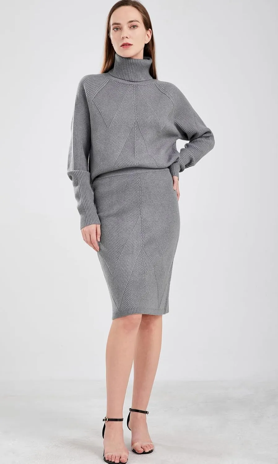 chouyatou Women's Casual 2 Piece Outfits Turtleneck Cable Knit Sweater and Bodycon Skirt Sets