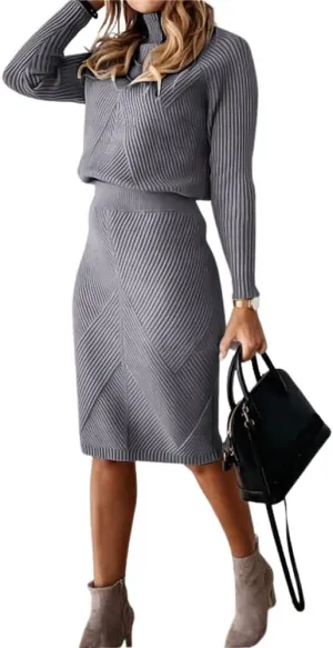 chouyatou Women's Casual 2 Piece Outfits Turtleneck Cable Knit Sweater and Bodycon Skirt Sets