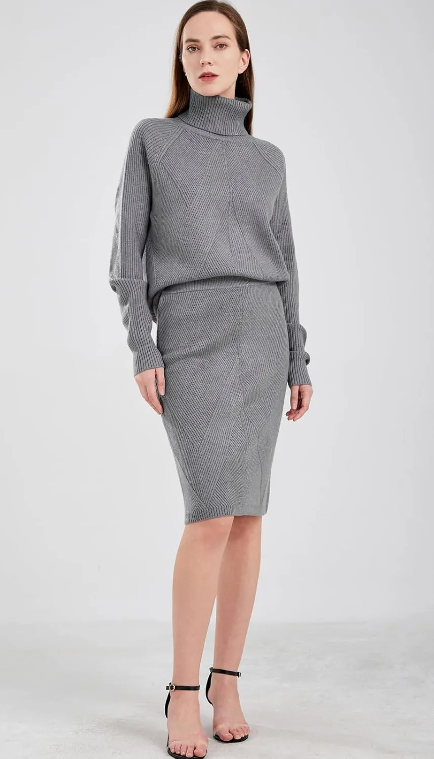 chouyatou Women's Casual 2 Piece Outfits Turtleneck Cable Knit Sweater and Bodycon Skirt Sets