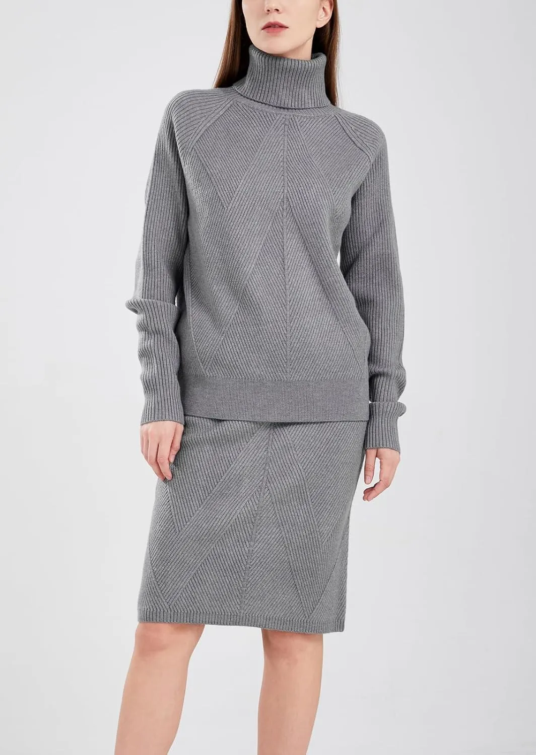 chouyatou Women's Casual 2 Piece Outfits Turtleneck Cable Knit Sweater and Bodycon Skirt Sets