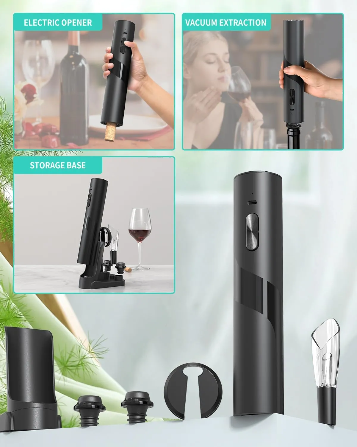 CIRCLE JOY Rechargeable Wine Opener Electric Wine Bottle Opener 7-in-1 Wine Gift Set with Electric Vacuum Pump, Charging Station, Foil Cutter, Wine Aerator Pourer and 2 Wine Stoppers