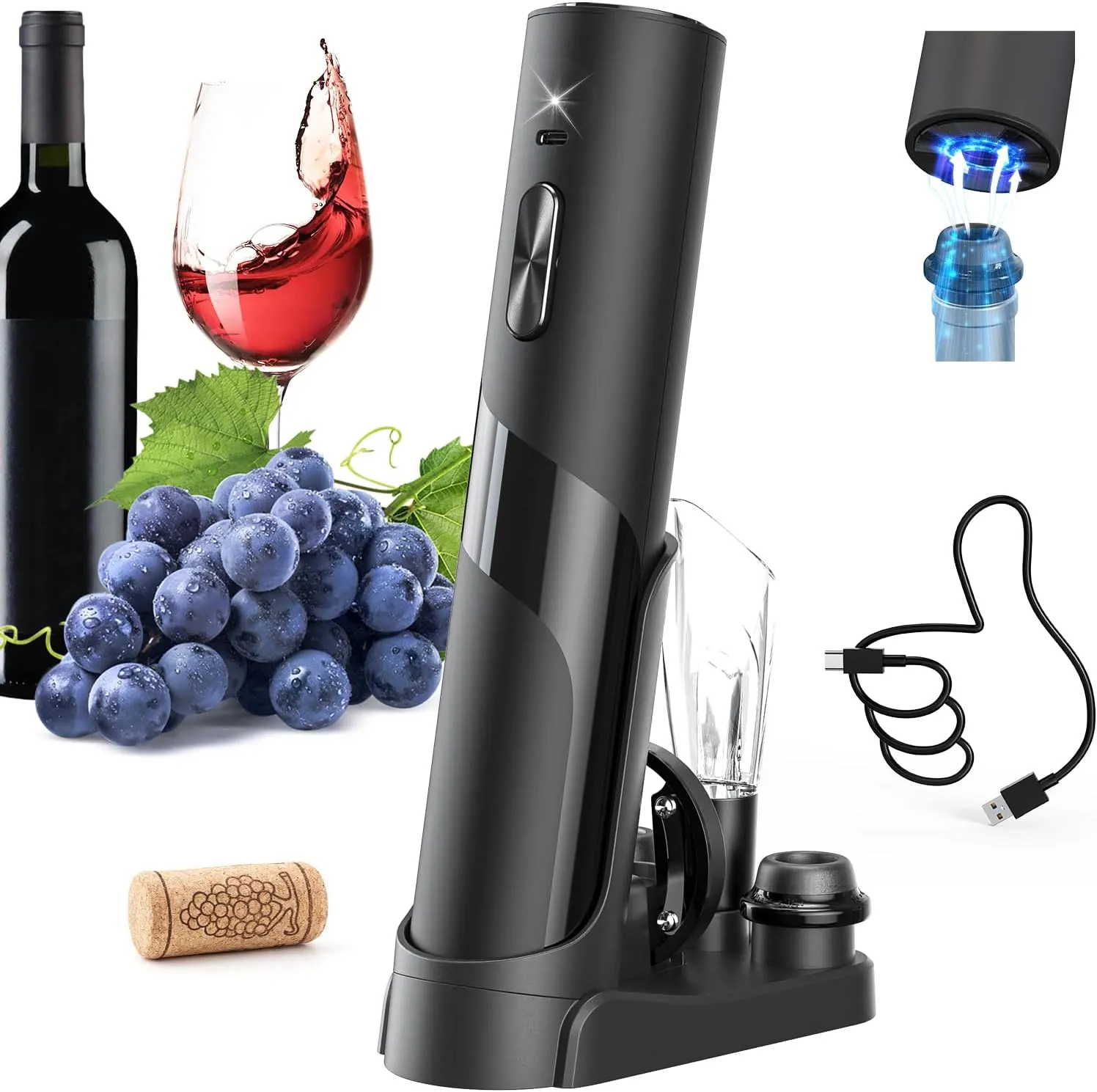 CIRCLE JOY Rechargeable Wine Opener Electric Wine Bottle Opener 7-in-1 Wine Gift Set with Electric Vacuum Pump, Charging Station, Foil Cutter, Wine Aerator Pourer and 2 Wine Stoppers
