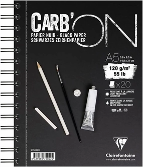 Clairefontaine - Ref 975042C - Carb'On Black Wirebound Paper Pad (20 Sheets) - A5 (210 x 148mm) Sized, 120gsm Paper, Acid Free, pH Neutral - Suitable for Watercolour