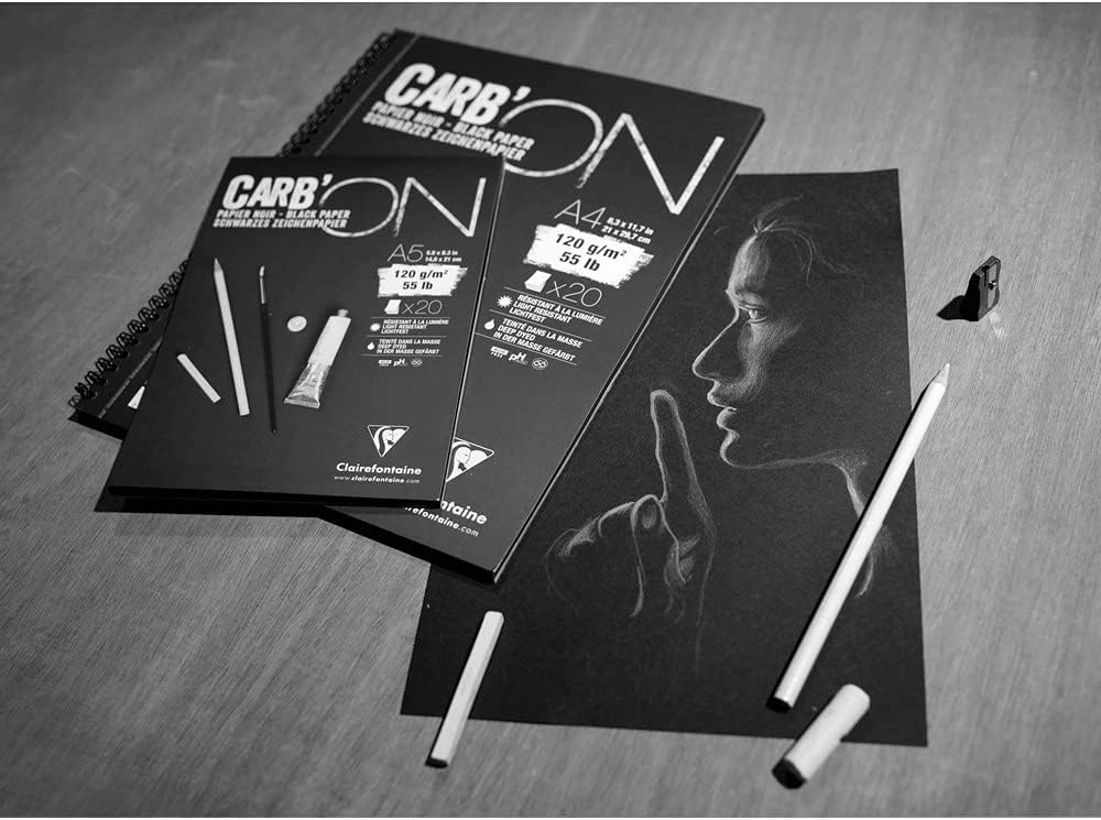 Clairefontaine - Ref 975042C - Carb'On Black Wirebound Paper Pad (20 Sheets) - A5 (210 x 148mm) Sized, 120gsm Paper, Acid Free, pH Neutral - Suitable for Watercolour