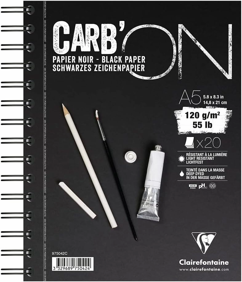 Clairefontaine - Ref 975042C - Carb'On Black Wirebound Paper Pad (20 Sheets) - A5 (210 x 148mm) Sized, 120gsm Paper, Acid Free, pH Neutral - Suitable for Watercolour