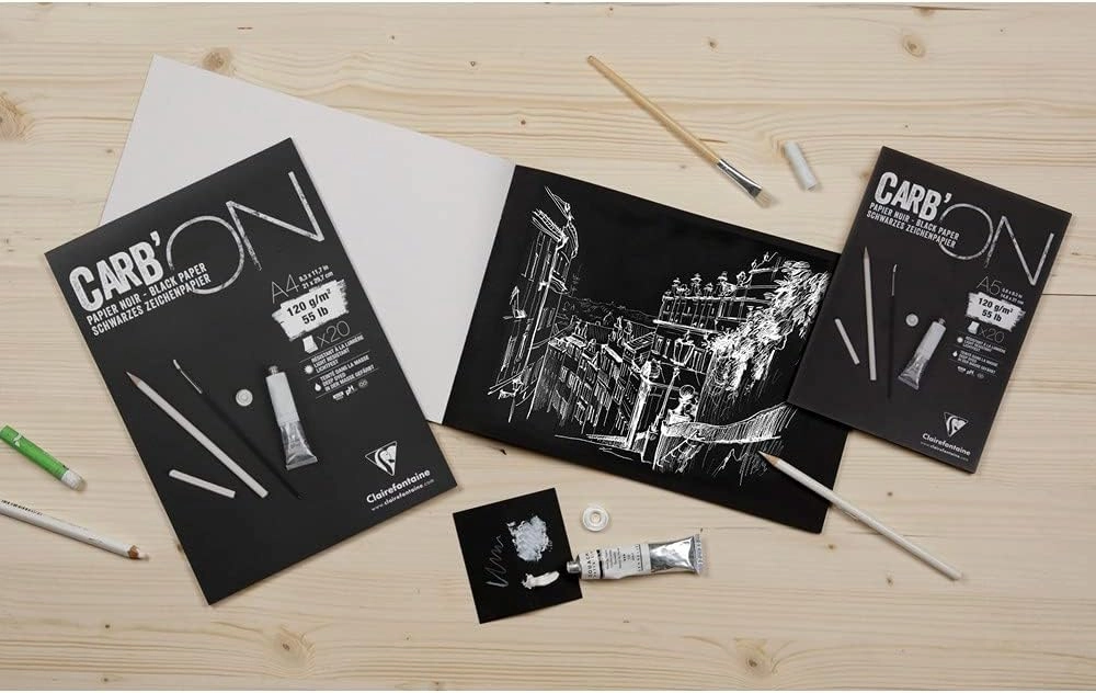 Clairefontaine - Ref 975042C - Carb'On Black Wirebound Paper Pad (20 Sheets) - A5 (210 x 148mm) Sized, 120gsm Paper, Acid Free, pH Neutral - Suitable for Watercolour