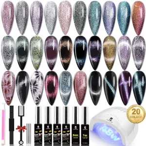 Clara Colors Cat Eye Gel Nail Polish Set with UV Light 20 Colors Magnetic Nail Polish Holographic Glitter Galaxy Series Cat Eye Gel Polish Kit with 4 Magnet Black White Base Top Coat