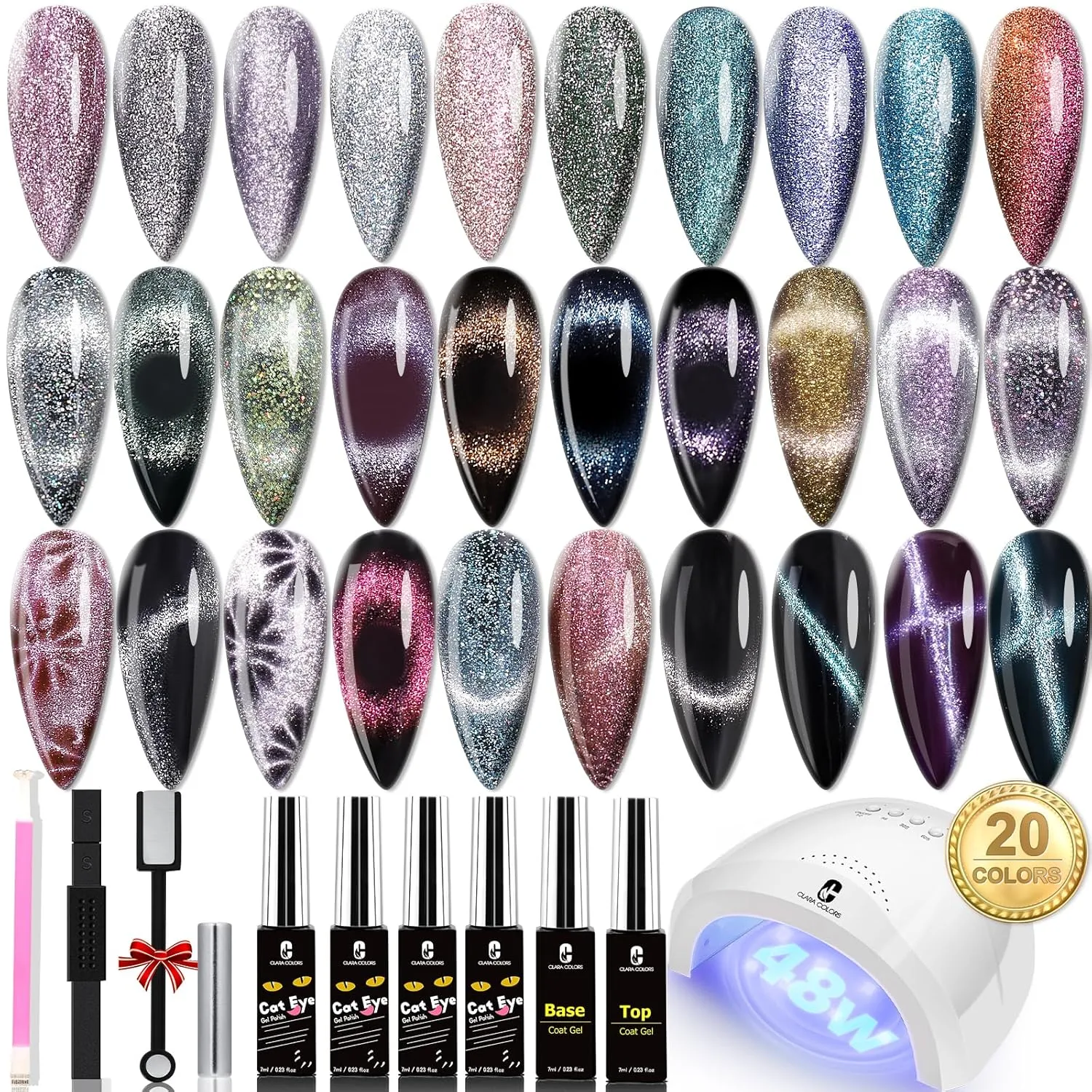 Clara Colors Cat Eye Gel Nail Polish Set with UV Light 20 Colors Magnetic Nail Polish Holographic Glitter Galaxy Series Cat Eye Gel Polish Kit with 4 Magnet Black White Base Top Coat