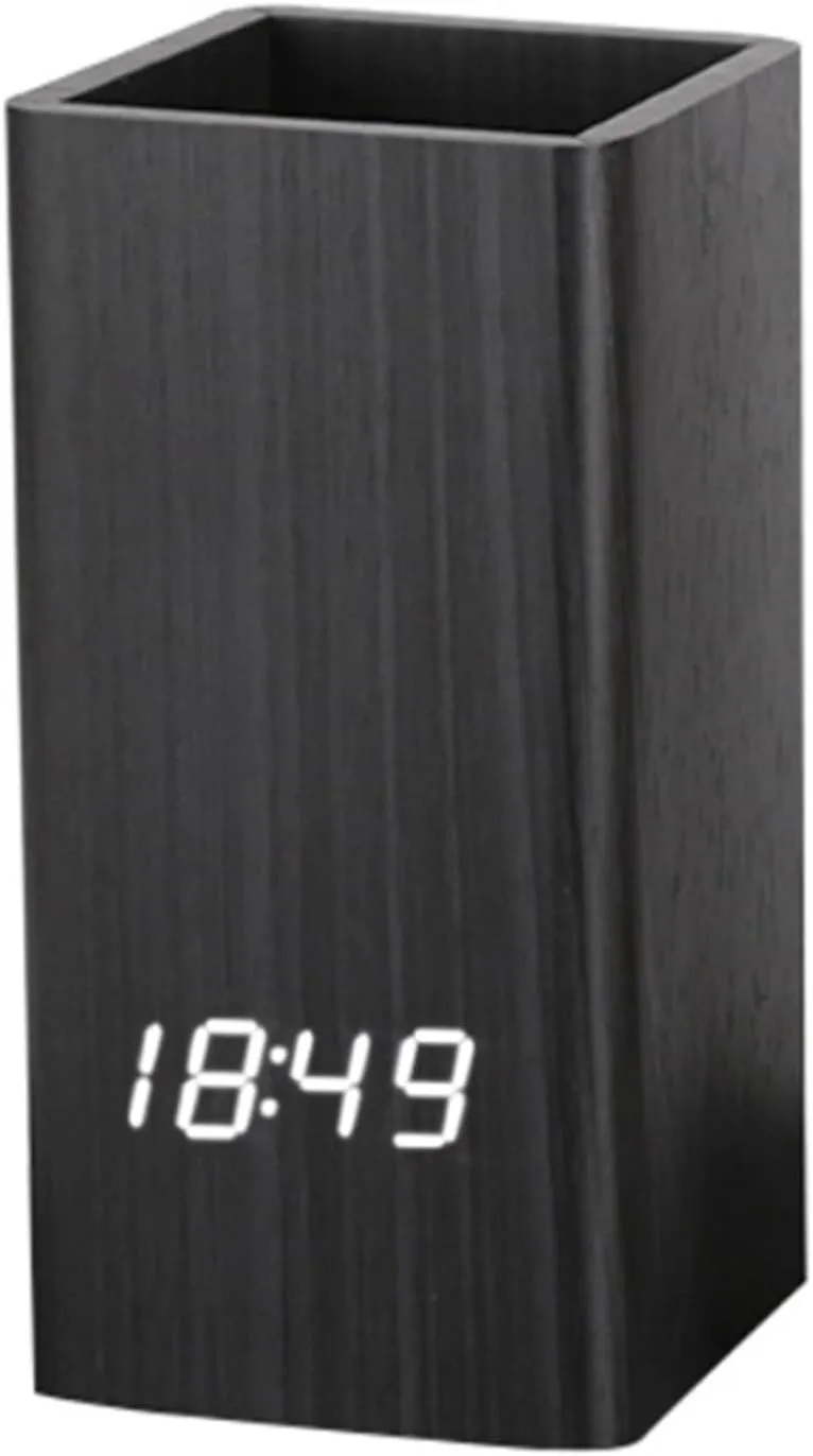 Clocks Bedroom Wall Decor Creative Student Desktop USB/Battery Operated Pencil Organizer Drop Ship Voice Control Digital Wooden Pen Holder Alarm Clock Living Room Wall Decor(A) (B One Size)