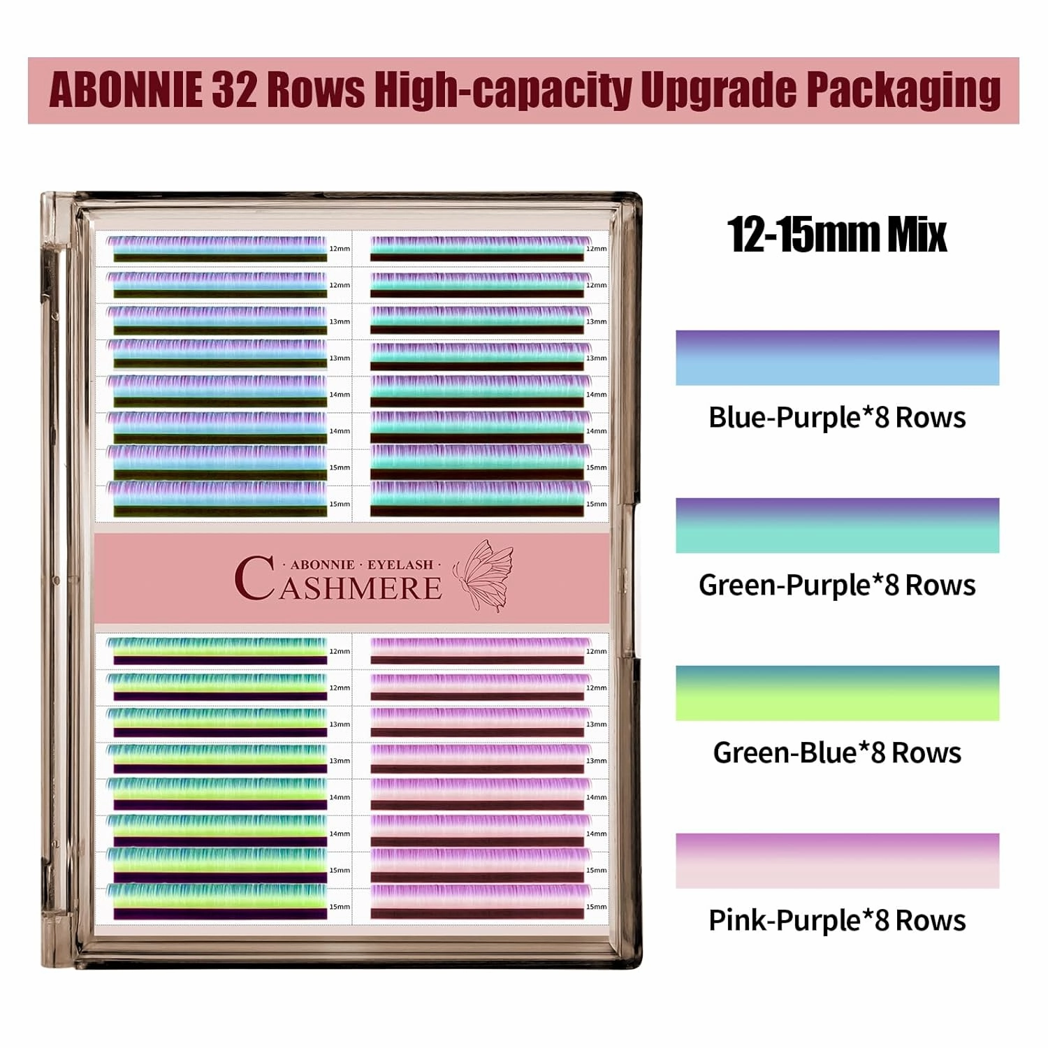 Colored Lash Extensions, 32 Rows Cashmere Mix Classic & Volume Lash Extensions, 0.07 D Curl, 12-15mm