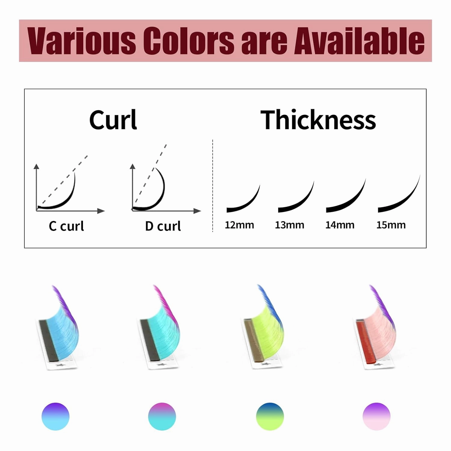 Colored Lash Extensions, 32 Rows Cashmere Mix Classic & Volume Lash Extensions, 0.07 D Curl, 12-15mm