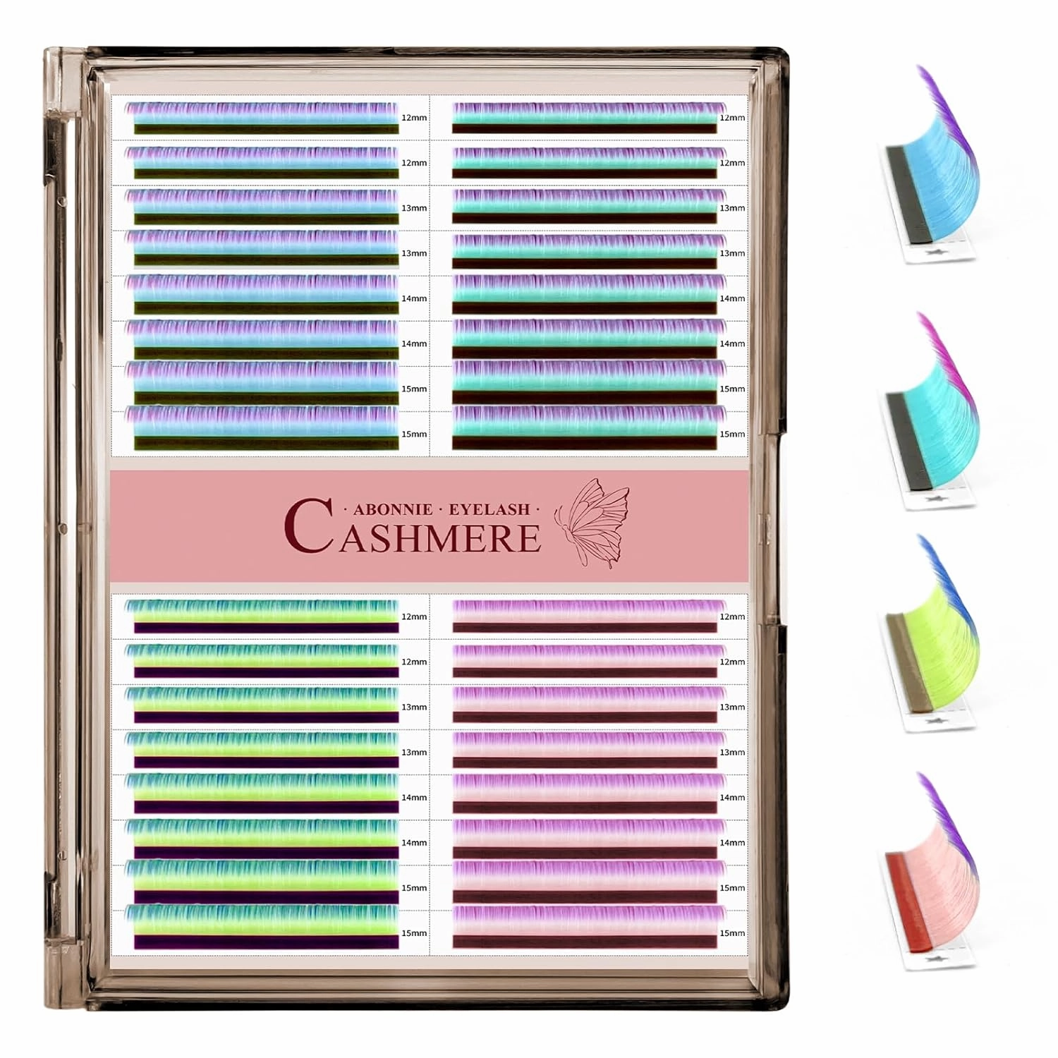 Colored Lash Extensions, 32 Rows Cashmere Mix Classic & Volume Lash Extensions, 0.07 D Curl, 12-15mm