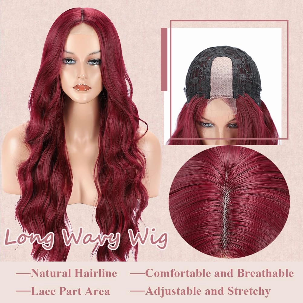 Colorful Queen 99j Burgundy Wig Glueless Long Wavy Red Wigs for Women 26 Inch Curly Wig Put on and Go Wine Red Colored Wigs for Cosplay Daily Use