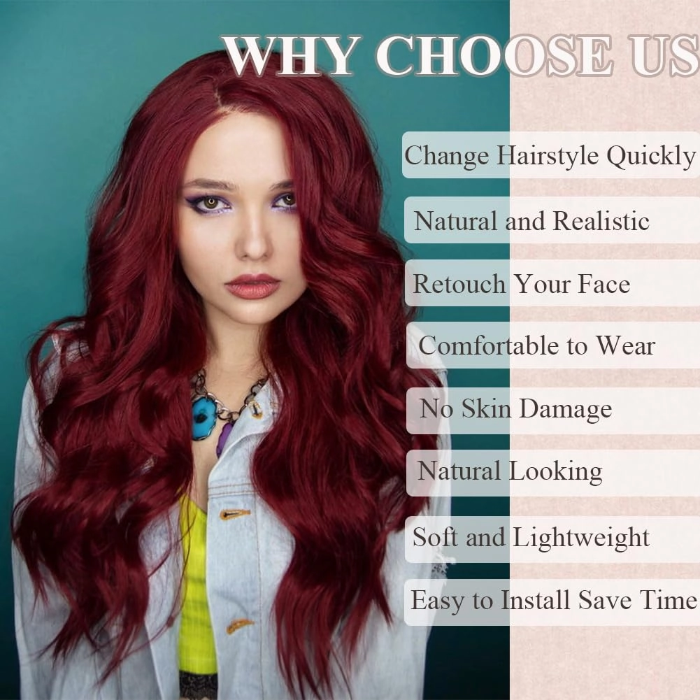 Colorful Queen 99j Burgundy Wig Glueless Long Wavy Red Wigs for Women 26 Inch Curly Wig Put on and Go Wine Red Colored Wigs for Cosplay Daily Use