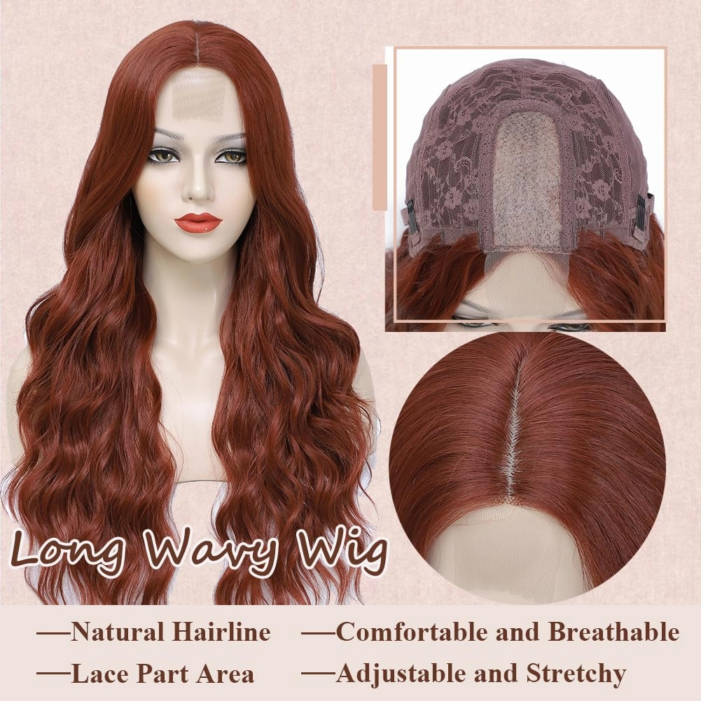 Colorful Queen Auburn Wig 26 Inch Long Wavy Copper Red Wigs for Women Middle Part Synthetic Party Wigs for Women Daily Use Cosplay Wigs
