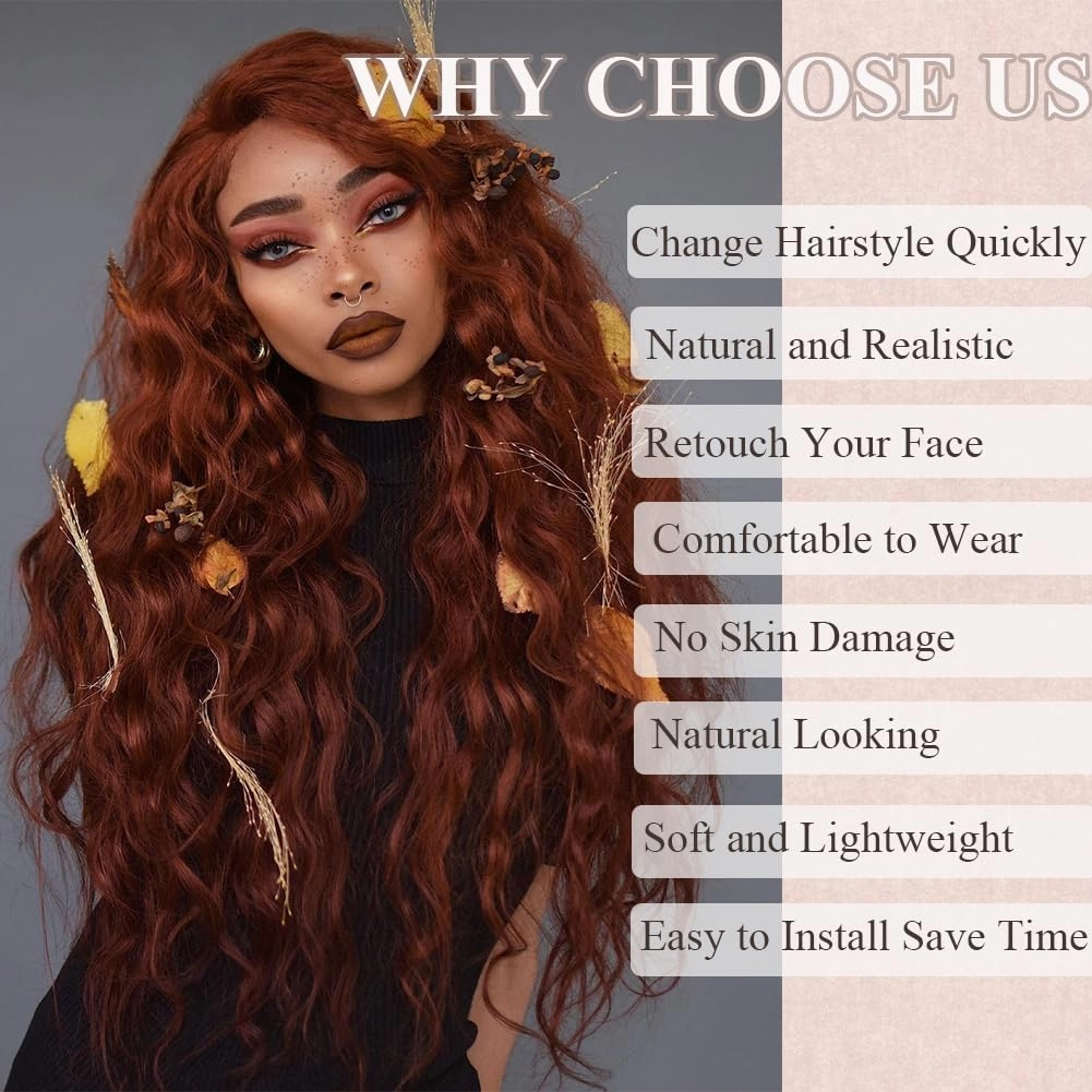 Colorful Queen Auburn Wig 26 Inch Long Wavy Copper Red Wigs for Women Middle Part Synthetic Party Wigs for Women Daily Use Cosplay Wigs