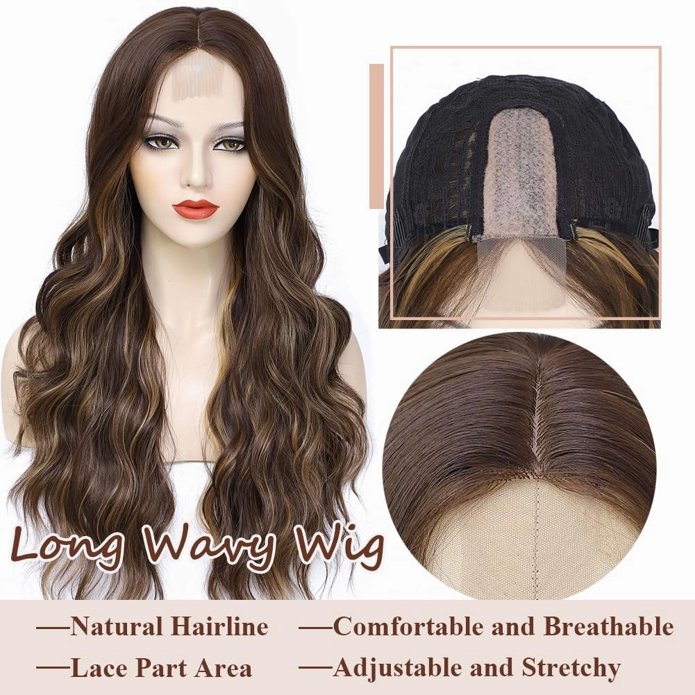 Colorful Queen Blonde Highlight Wigs for Women 26 Inch Long Wavy Brown Wigs for Women Middle Part Curly Synthetic Lace Wig for Cosplay Daily Use