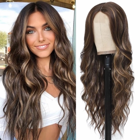 Colorful Queen Blonde Highlight Wigs for Women 26 Inch Long Wavy Brown Wigs for Women Middle Part Curly Synthetic Lace Wig for Cosplay Daily Use