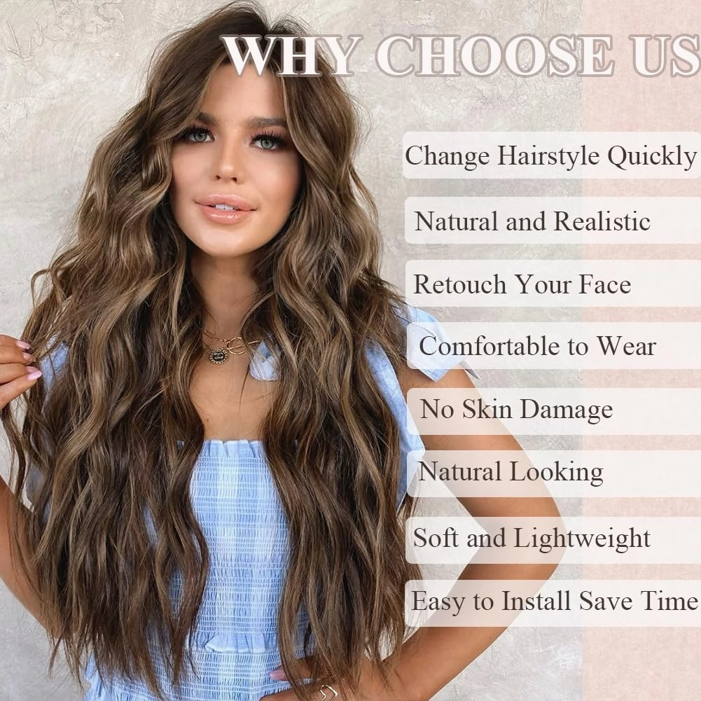 Colorful Queen Blonde Highlight Wigs for Women 26 Inch Long Wavy Brown Wigs for Women Middle Part Curly Synthetic Lace Wig for Cosplay Daily Use