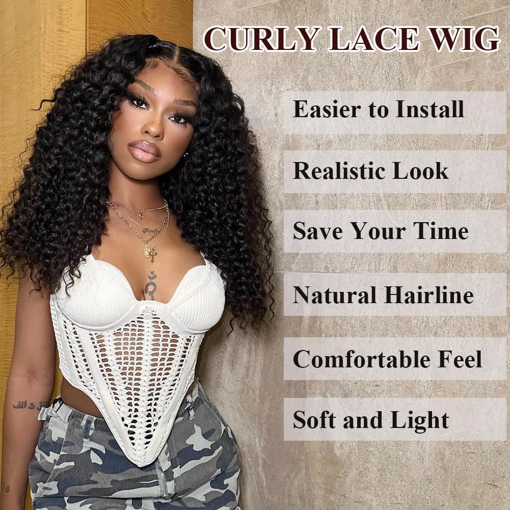 Colorful Queen Deep Wave Lace Front Wigs 14 Inch Glueless Curly Wigs for Black Women Water Wave Wet and Wavy Synthetic Lace Front Wigs Ombre Brown and Black Curly Wig