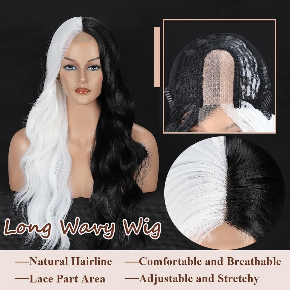 Colorful Queen Long Black and White Wigs for Women 26 Inch Curly Wavy Wig Middle Part Synthetic Lace Wigs for Daily Party Use Cosplay