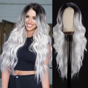 Colorful Queen Ombre Black Grey Wig 26 Inch Long Wavy White Wigs for Women Curly Wig Heat Resistant Synthetic Lace Wig Natural Looking for Cosplay Daily Use