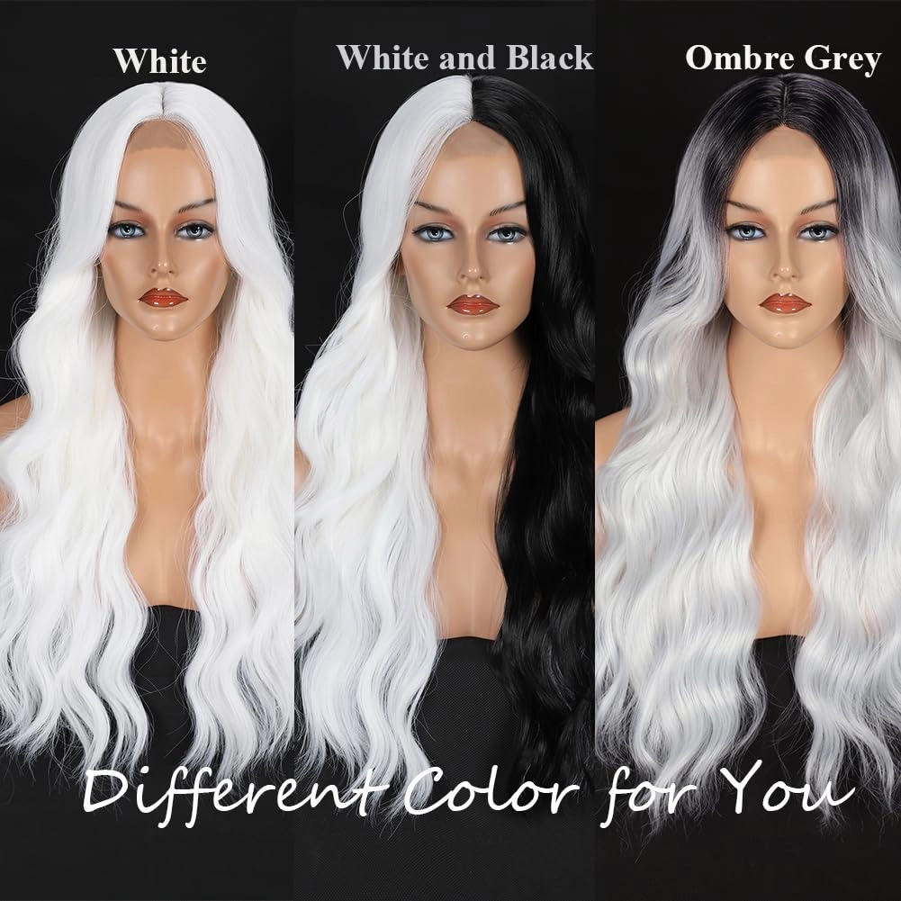Colorful Queen Ombre Black Grey Wig 26 Inch Long Wavy White Wigs for Women Curly Wig Heat Resistant Synthetic Lace Wig Natural Looking for Cosplay Daily Use