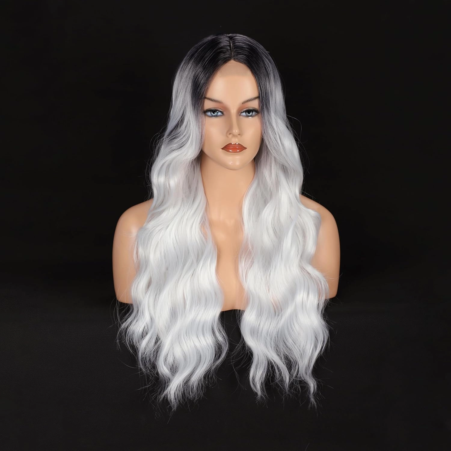 Colorful Queen Ombre Black Grey Wig 26 Inch Long Wavy White Wigs for Women Curly Wig Heat Resistant Synthetic Lace Wig Natural Looking for Cosplay Daily Use
