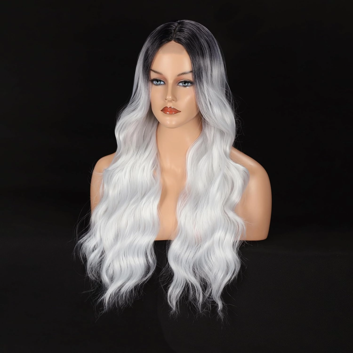 Colorful Queen Ombre Black Grey Wig 26 Inch Long Wavy White Wigs for Women Curly Wig Heat Resistant Synthetic Lace Wig Natural Looking for Cosplay Daily Use