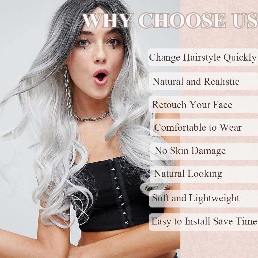 Colorful Queen Ombre Black Grey Wig 26 Inch Long Wavy White Wigs for Women Curly Wig Heat Resistant Synthetic Lace Wig Natural Looking for Cosplay Daily Use