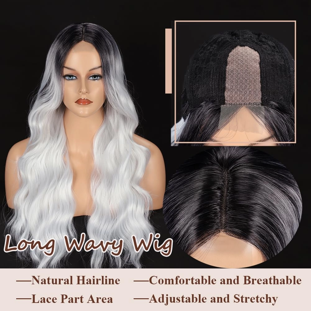 Colorful Queen Ombre Black Grey Wig 26 Inch Long Wavy White Wigs for Women Curly Wig Heat Resistant Synthetic Lace Wig Natural Looking for Cosplay Daily Use
