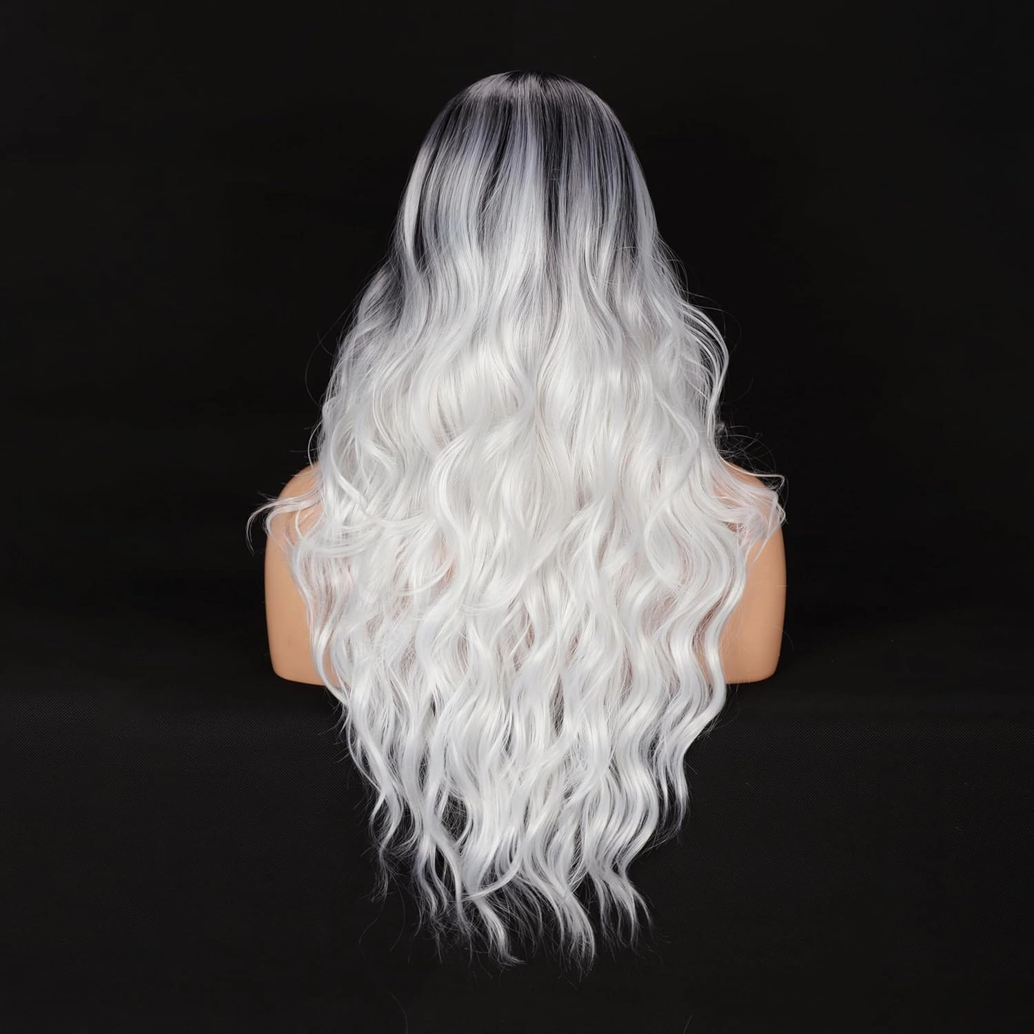 Colorful Queen Ombre Black Grey Wig 26 Inch Long Wavy White Wigs for Women Curly Wig Heat Resistant Synthetic Lace Wig Natural Looking for Cosplay Daily Use
