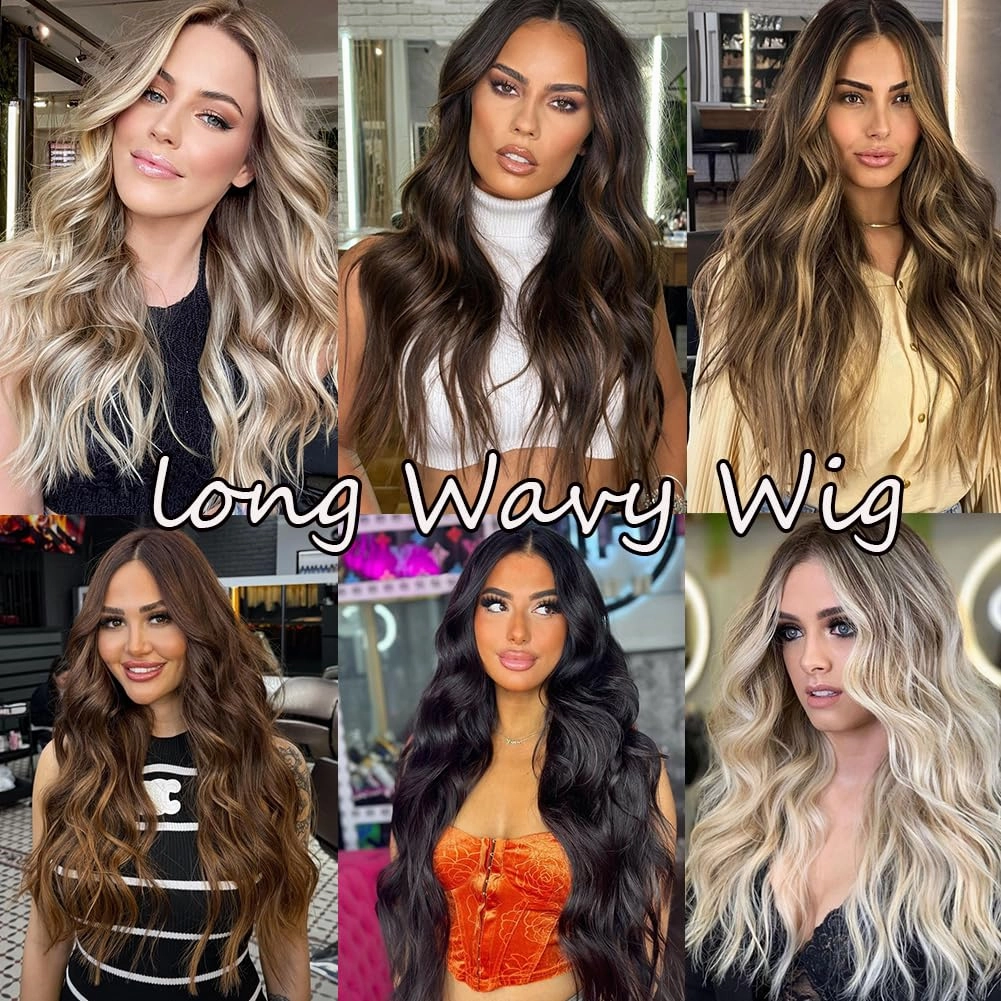 Colorful Queen Ombre Brown Wigs for Women 26 Inch Long Wave Brown Wig Glueless Middle Part Curly Synthetic Lace Wig for Cosplay Daily Party Use