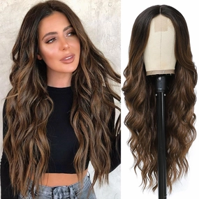 Colorful Queen Ombre Brown Wigs for Women 26 Inch Long Wave Brown Wig Glueless Middle Part Curly Synthetic Lace Wig for Cosplay Daily Party Use
