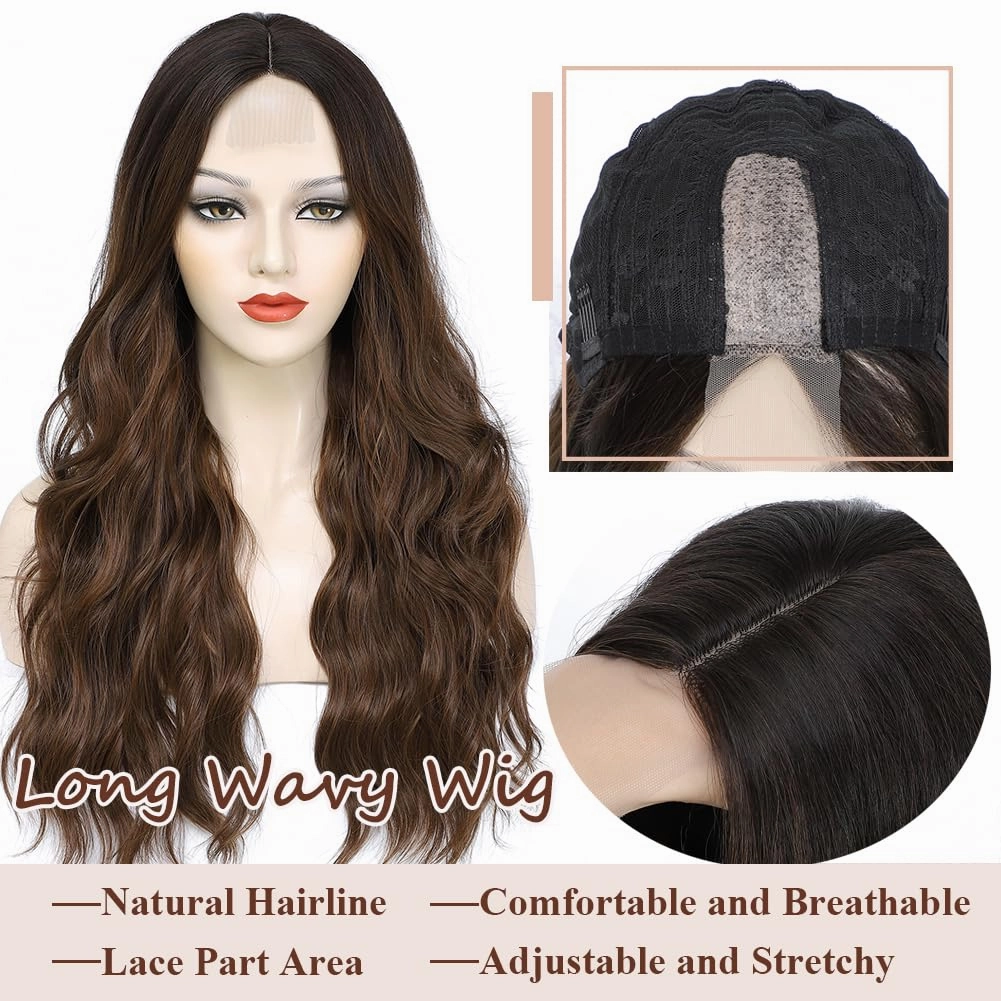 Colorful Queen Ombre Brown Wigs for Women 26 Inch Long Wave Brown Wig Glueless Middle Part Curly Synthetic Lace Wig for Cosplay Daily Party Use