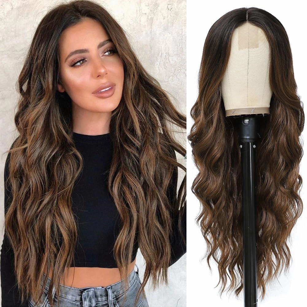 Colorful Queen Ombre Brown Wigs for Women 26 Inch Long Wave Brown Wig Glueless Middle Part Curly Synthetic Lace Wig for Cosplay Daily Party Use