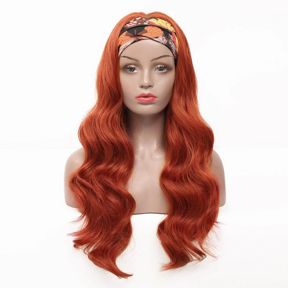 Colorful Queen Reddish Brown Headband Wig Auburn Body Wave Headband Wigs for Black Women Copper Red Colored Long Wavy Wig with Headband 26 Inch Glueless Half Wig