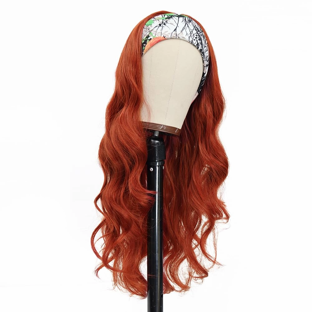Colorful Queen Reddish Brown Headband Wig Auburn Body Wave Headband Wigs for Black Women Copper Red Colored Long Wavy Wig with Headband 26 Inch Glueless Half Wig