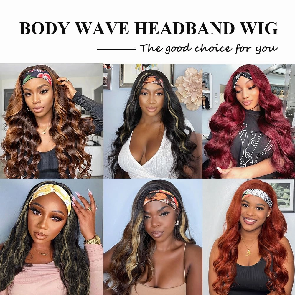 Colorful Queen Reddish Brown Headband Wig Auburn Body Wave Headband Wigs for Black Women Copper Red Colored Long Wavy Wig with Headband 26 Inch Glueless Half Wig