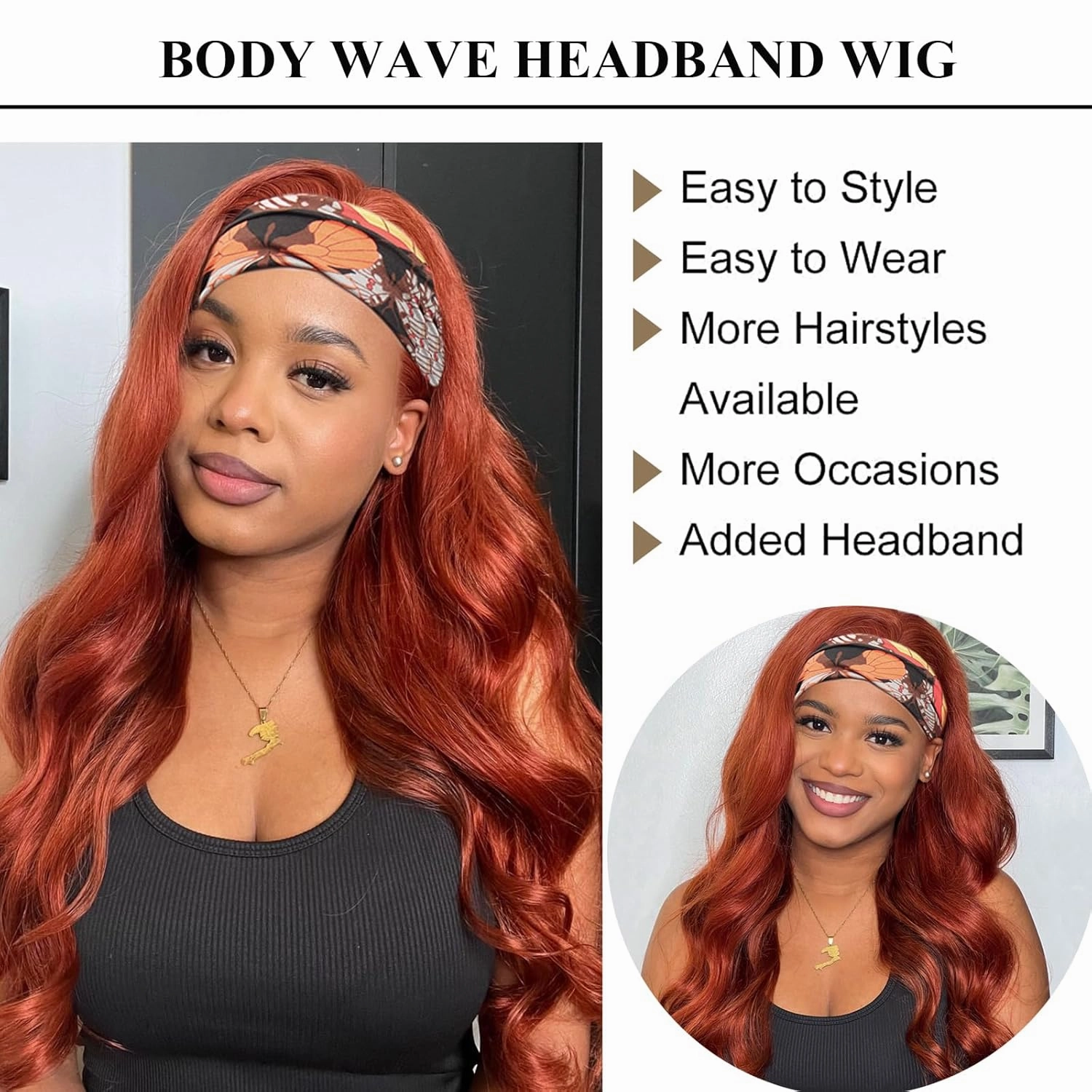Colorful Queen Reddish Brown Headband Wig Auburn Body Wave Headband Wigs for Black Women Copper Red Colored Long Wavy Wig with Headband 26 Inch Glueless Half Wig
