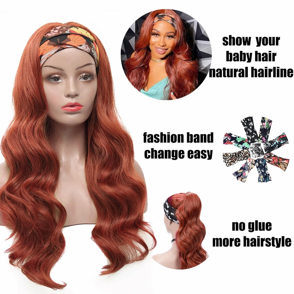 Colorful Queen Reddish Brown Headband Wig Auburn Body Wave Headband Wigs for Black Women Copper Red Colored Long Wavy Wig with Headband 26 Inch Glueless Half Wig
