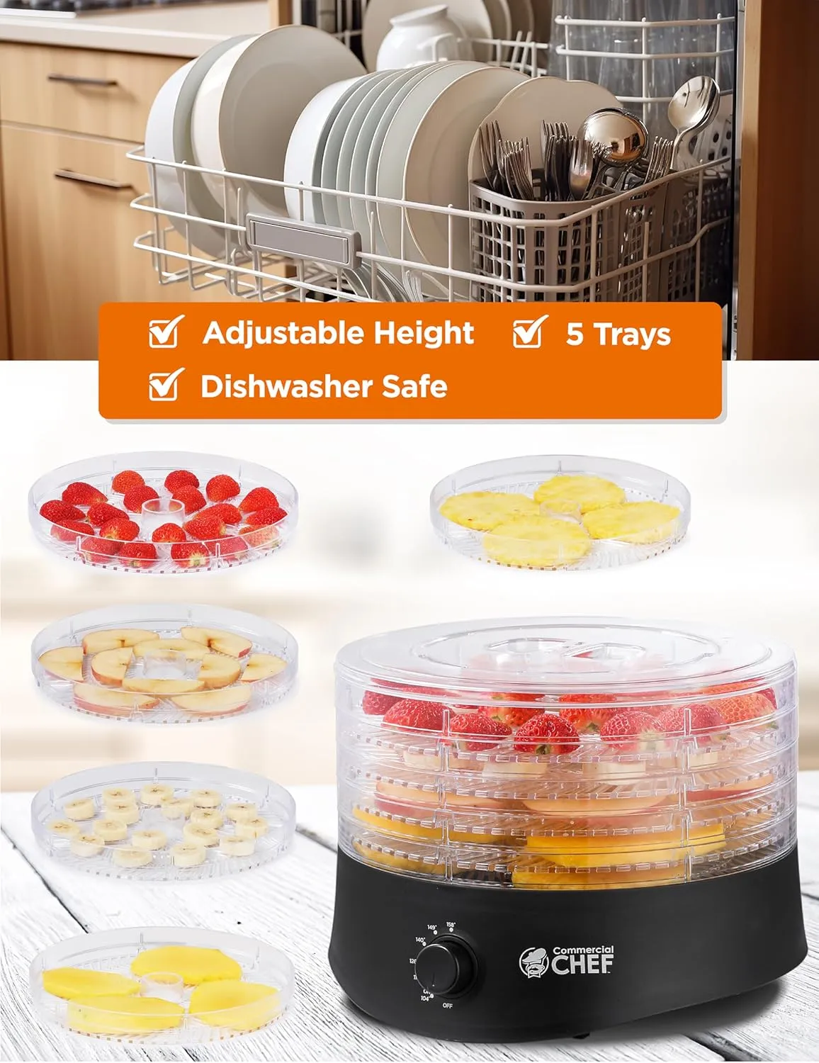 Commercial Chef Food Dehydrator, Five 9.25” BPA-Free Plastic Trays, Dehydrates and Dries Meat, Fruit, Veggies and Jerky, 280W Dehydration Machine, Adjustable Thermostat, CCD100B6, Black
