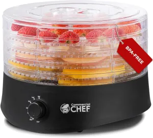 Commercial Chef Food Dehydrator, Five 9.25” BPA-Free Plastic Trays, Dehydrates and Dries Meat, Fruit, Veggies and Jerky, 280W Dehydration Machine, Adjustable Thermostat, CCD100B6, Black