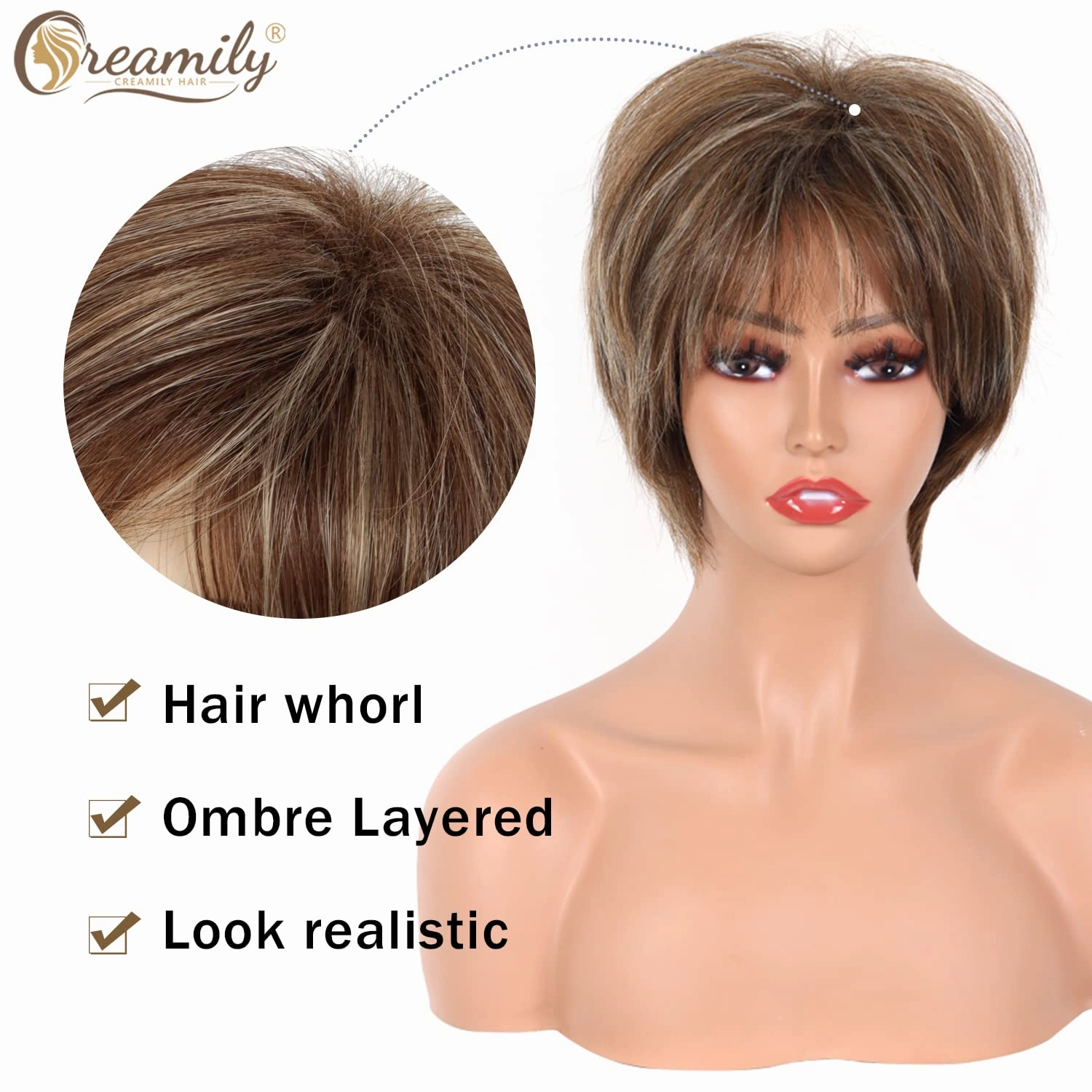 Creamily Short Brown Wig Mixed Blonde Pixie Cut Wigs with Bangs Fluffy Layered Synthetic Hair Replacement Wig for Women Party Halloween Cosplay Costume Wigs