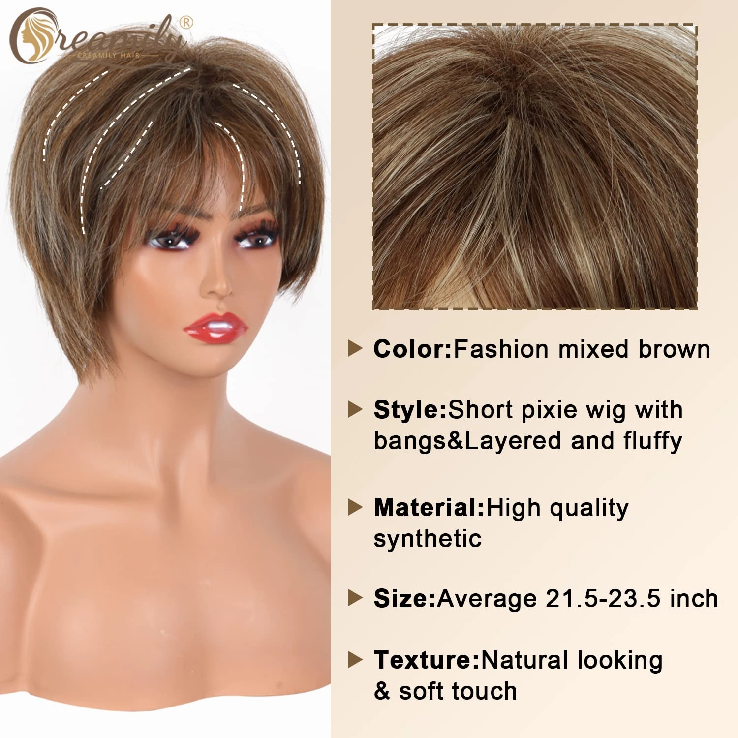 Creamily Short Brown Wig Mixed Blonde Pixie Cut Wigs with Bangs Fluffy Layered Synthetic Hair Replacement Wig for Women Party Halloween Cosplay Costume Wigs
