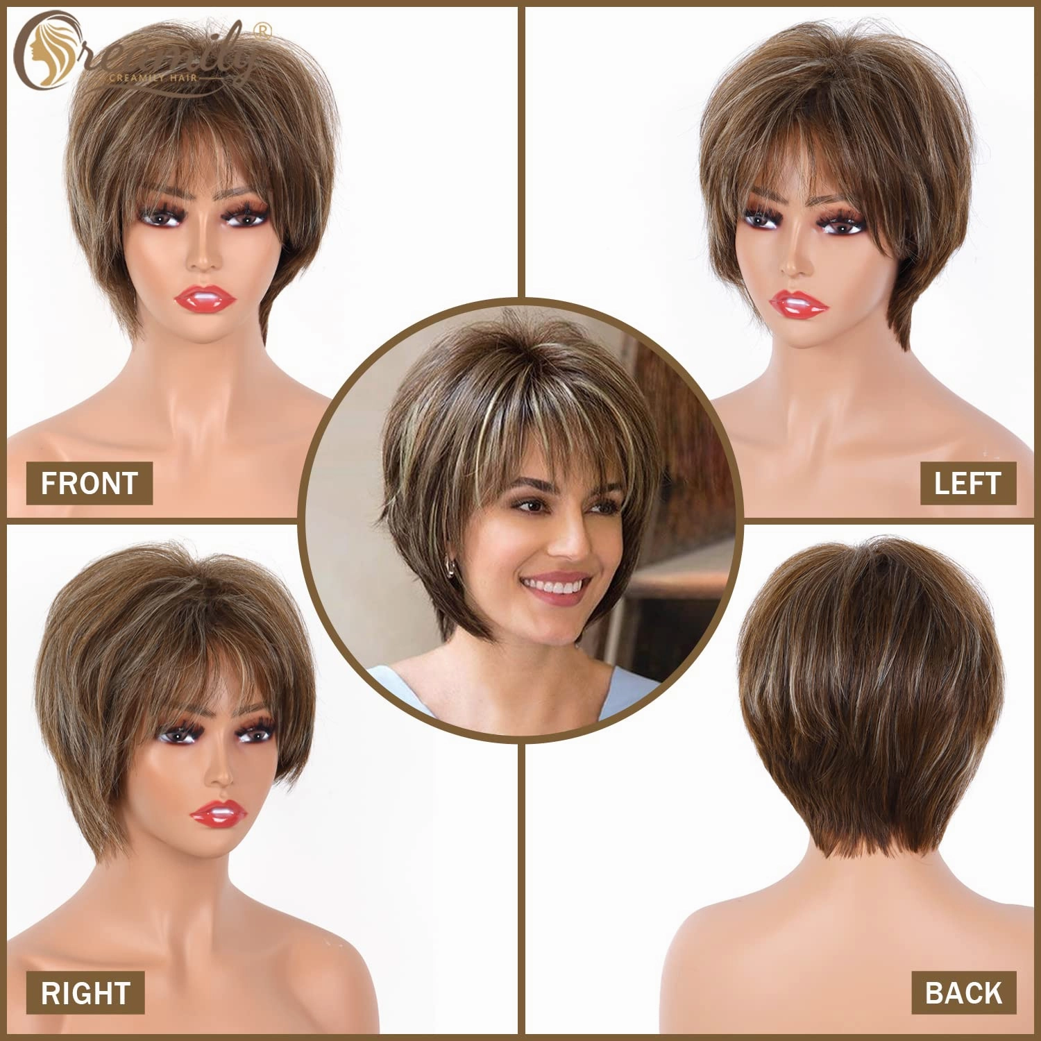 Creamily Short Brown Wig Mixed Blonde Pixie Cut Wigs with Bangs Fluffy Layered Synthetic Hair Replacement Wig for Women Party Halloween Cosplay Costume Wigs