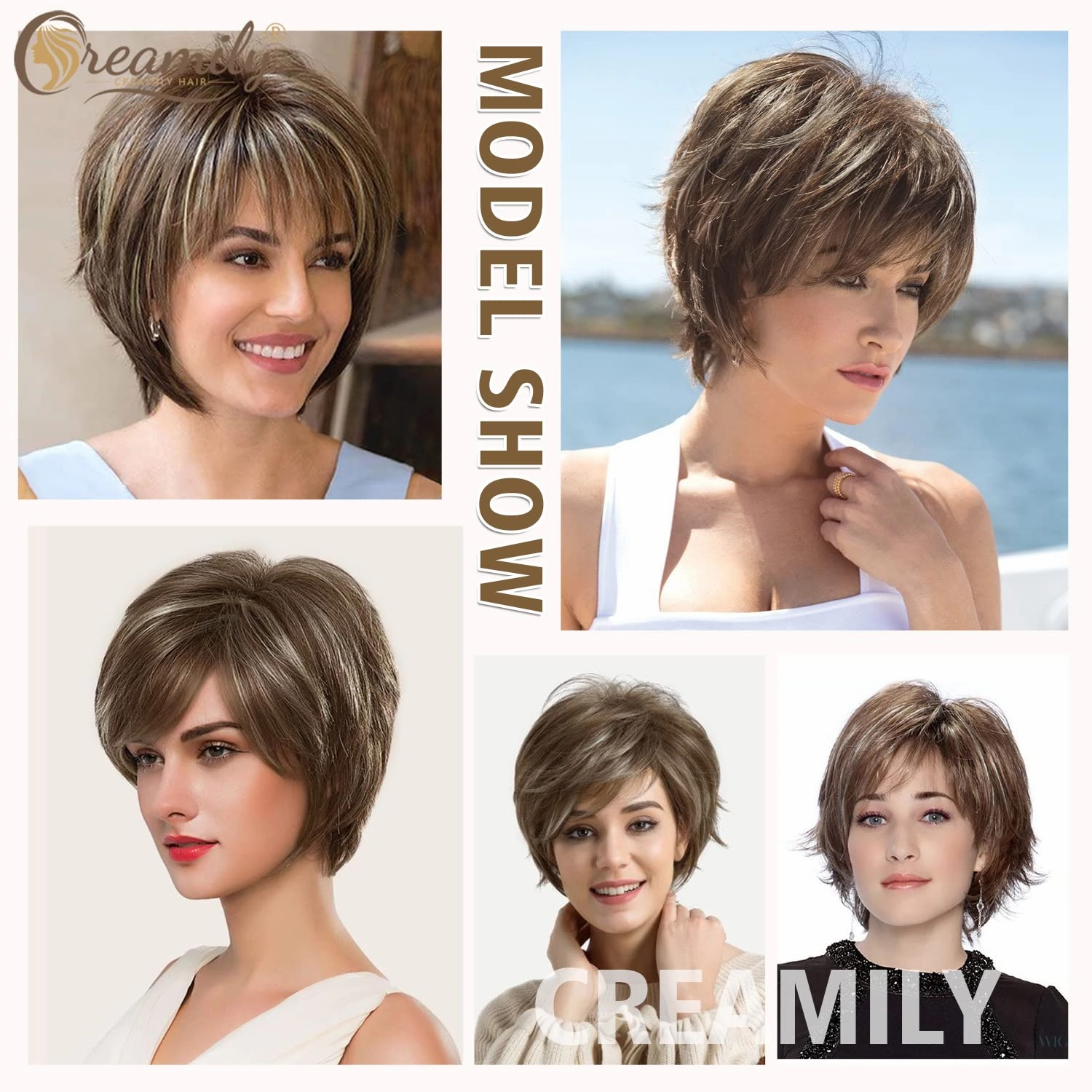 Creamily Short Brown Wig Mixed Blonde Pixie Cut Wigs with Bangs Fluffy Layered Synthetic Hair Replacement Wig for Women Party Halloween Cosplay Costume Wigs
